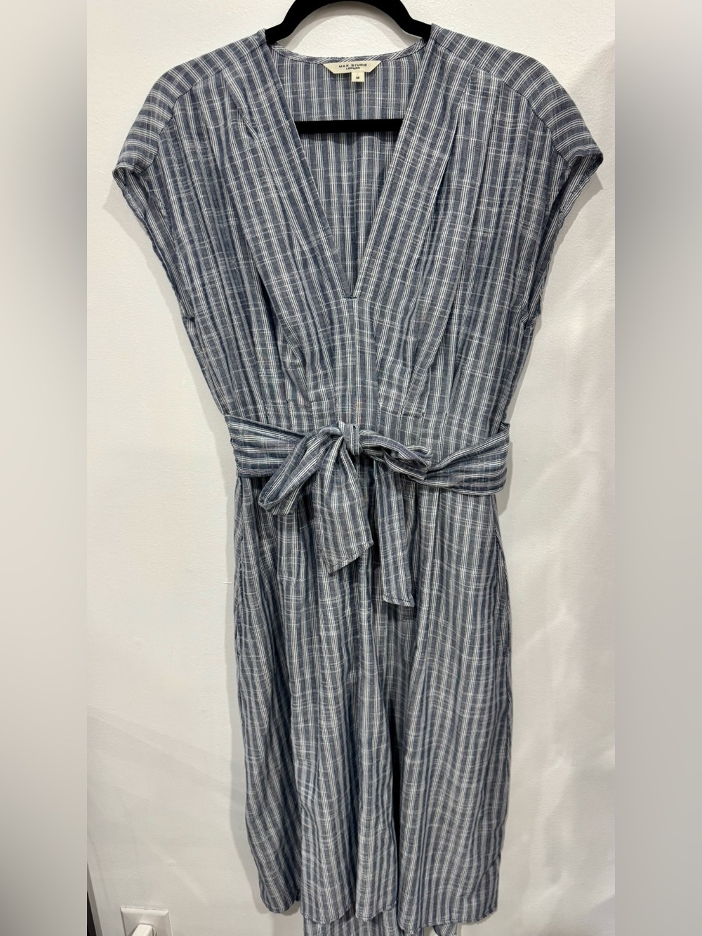 Max Studio Blue-Gray Striped Tie-Waist Midi Dress